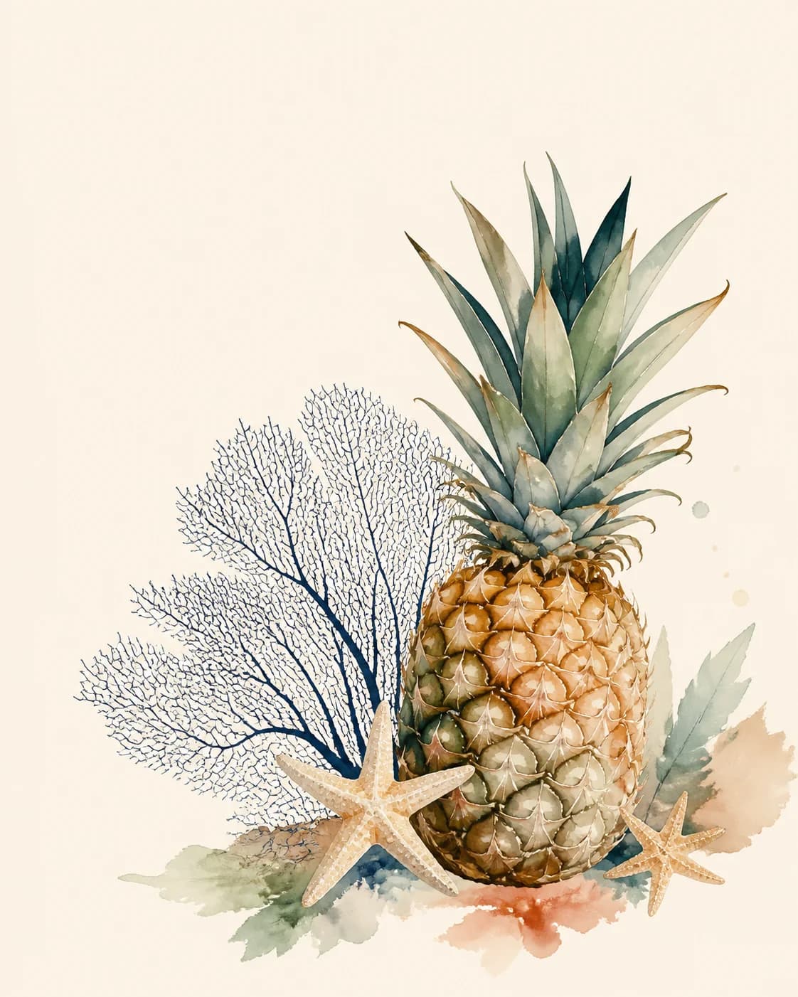 Watercolour pineapple, sea fan and starfish