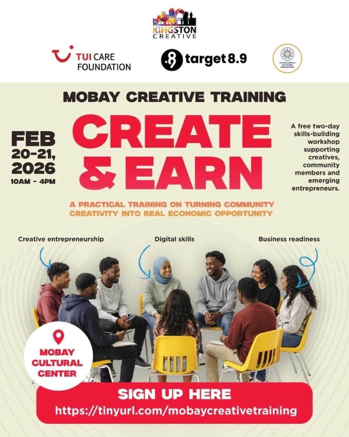 CREATE & EARN workshop flyer, Mobay Cultural Center